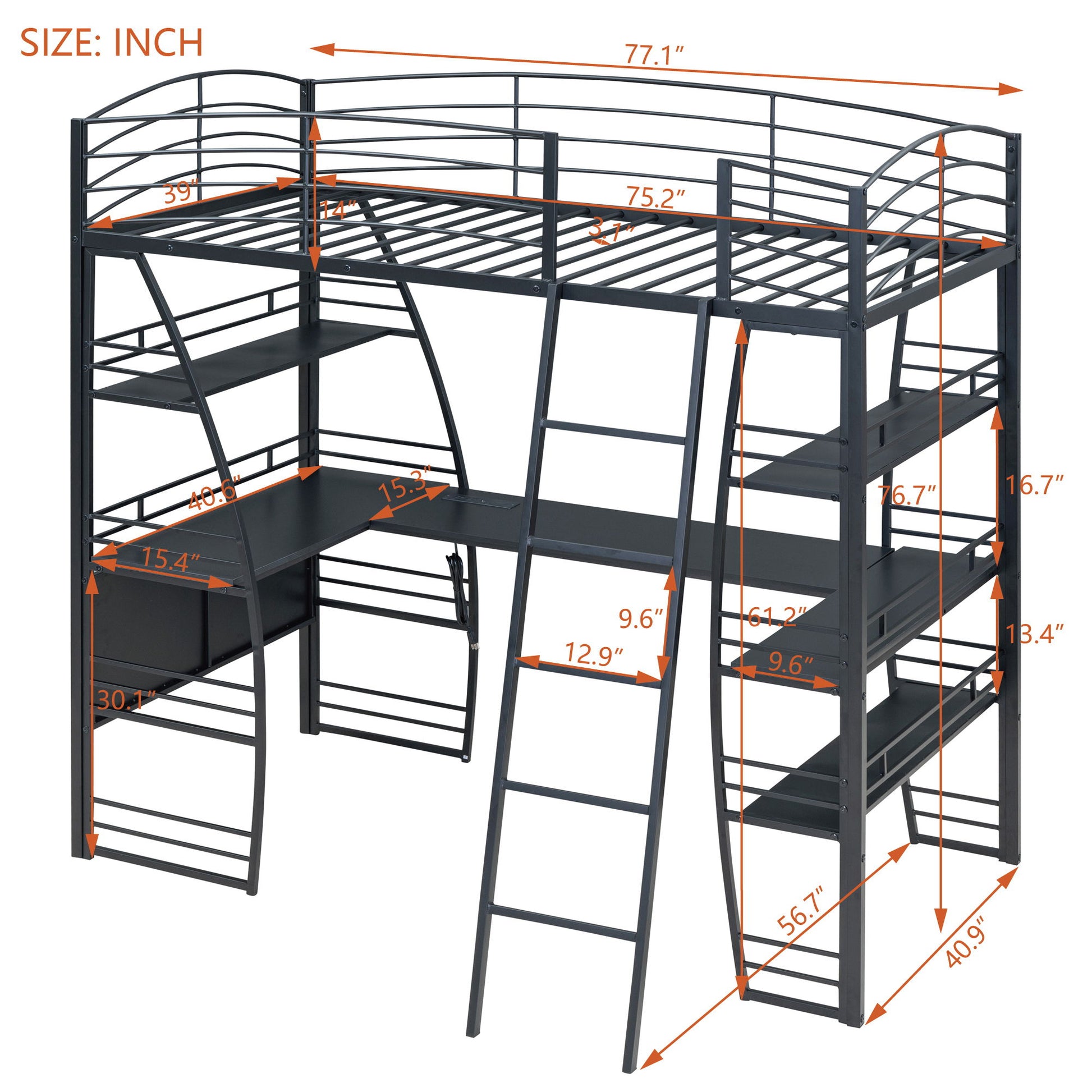 Loft Bed With 4 Layers Of Shelves And L-Shaped Desk, Stylish Metal Frame Bed With A Set Of Sockets, USB Ports And And Wireless Charging - The Sleep Loft - Online Mattress Showroom NYC
