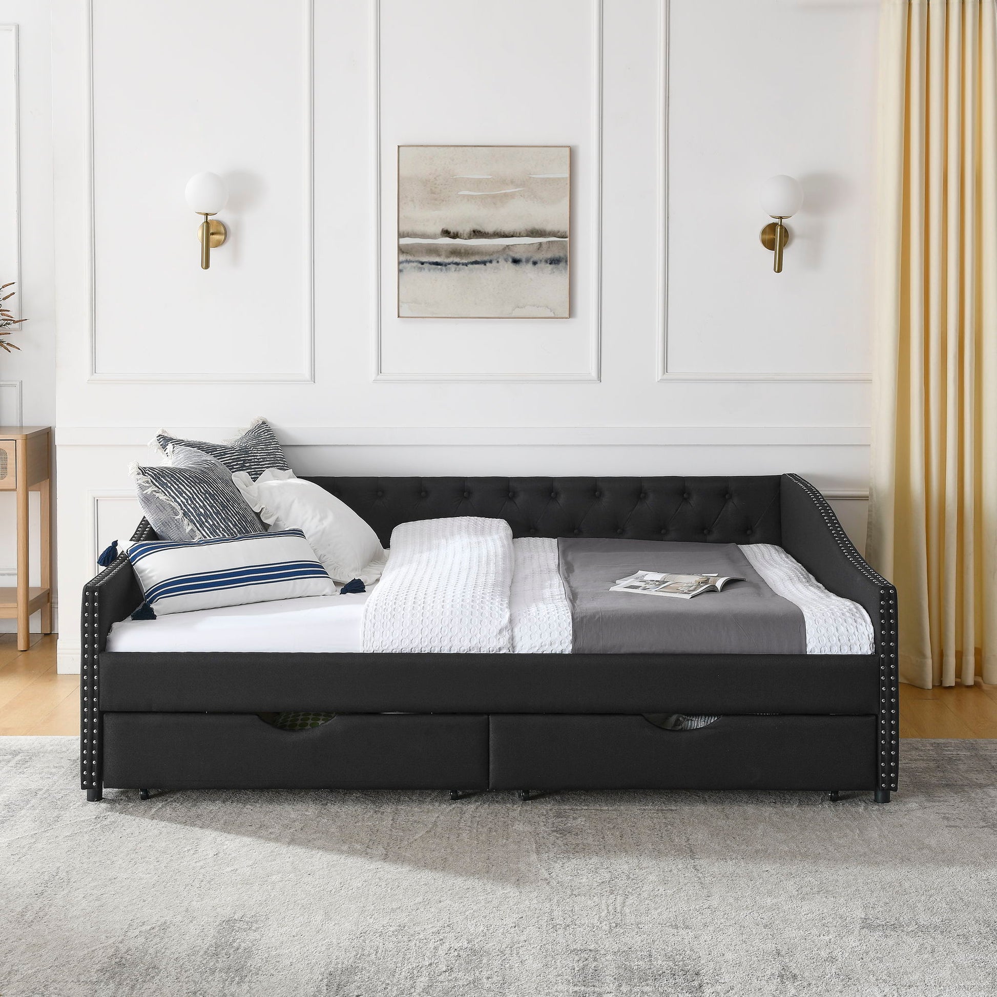 Upholstered Tufted Daybed With 2 Drawers, Waved Arms - The Sleep Loft - Online Mattress Showroom NYC