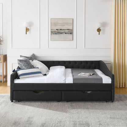 Upholstered Tufted Daybed With 2 Drawers, Waved Arms - The Sleep Loft - Online Mattress Showroom NYC