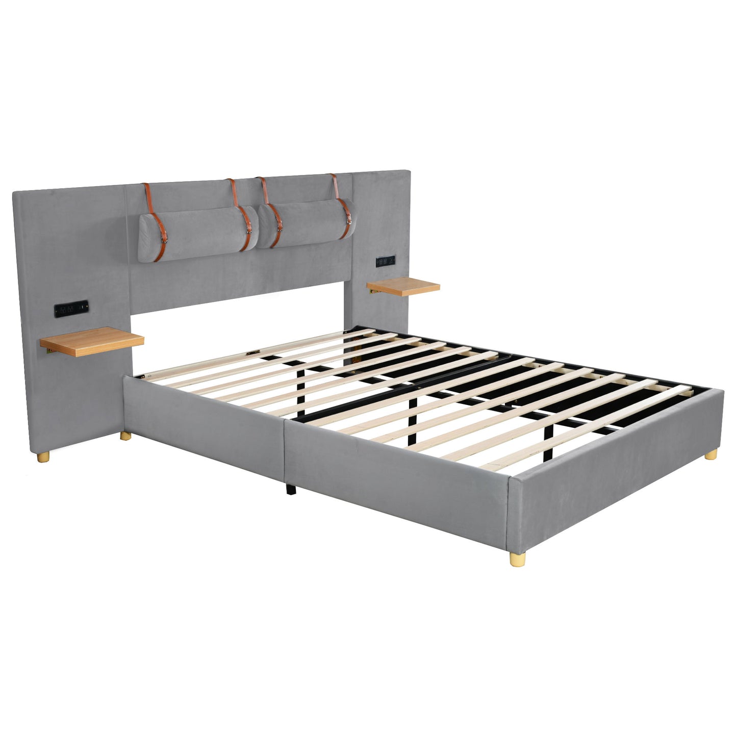 Upholstered Platform Bed, 2 Outlets And USB Charging Ports On Both Sides, 2 Bedside Pillows, Storage Shelves - The Sleep Loft - Online Mattress Showroom NYC