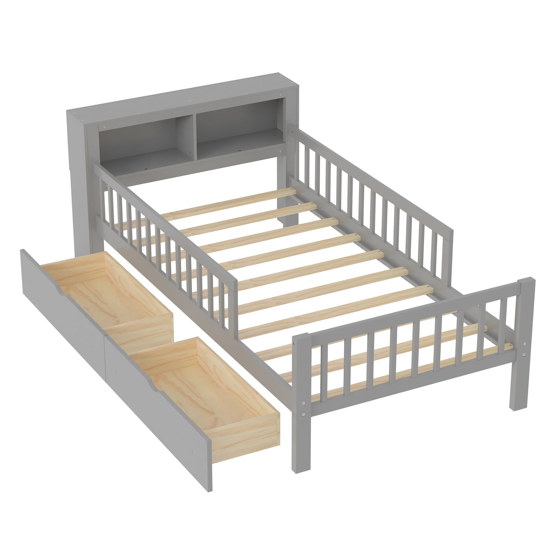Bed With Headboard Storage Rack, 2 Under Bed Drawers, 3 Side Guardrails For Safety - The Sleep Loft - Online Mattress Showroom NYC