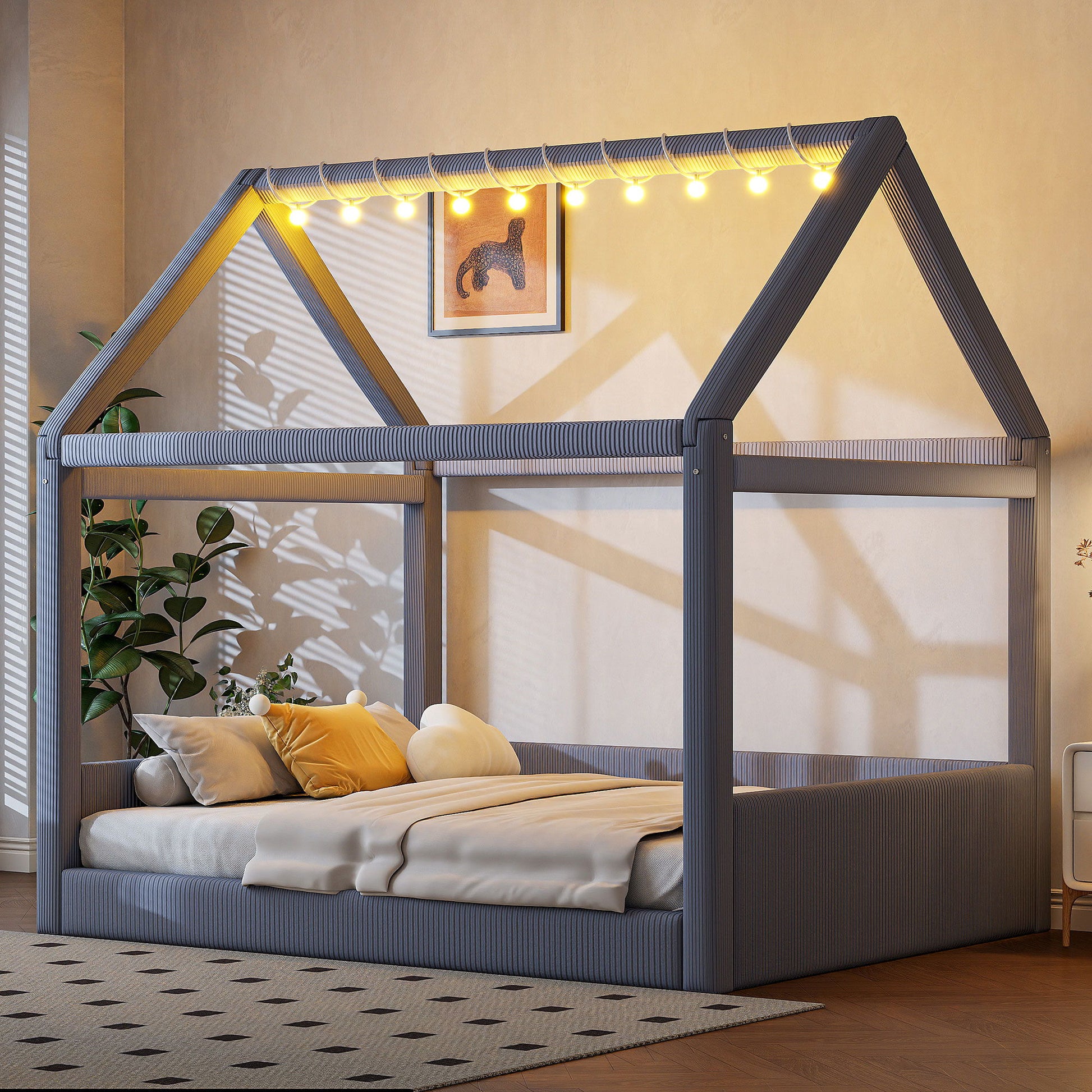 Upholstered House Style Daybed With LED Light Strips - The Sleep Loft - Online Mattress Showroom NYC
