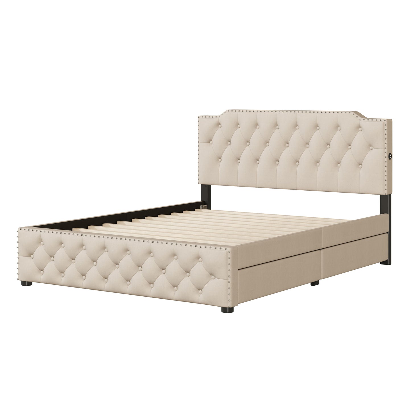 Upholstered Platform Bed With 2 Drawers And 2 Sets Of USB Ports On Each Side, Linen Fabric - The Sleep Loft - Online Mattress Showroom NYC
