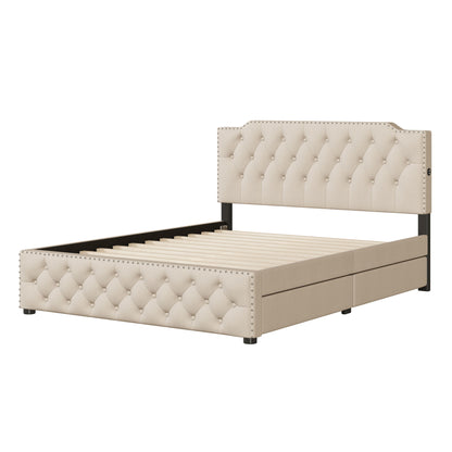 Upholstered Platform Bed With 2 Drawers And 2 Sets Of USB Ports On Each Side, Linen Fabric - The Sleep Loft - Online Mattress Showroom NYC