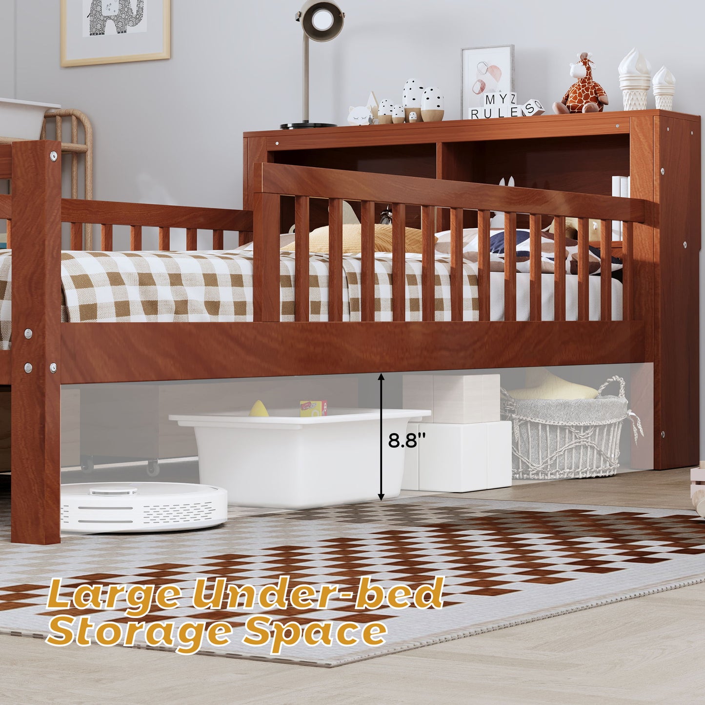 Bed With Headboard Storage Rack, 2 Under Bed Drawers, 3 Side Guardrails For Safety - The Sleep Loft - Online Mattress Showroom NYC