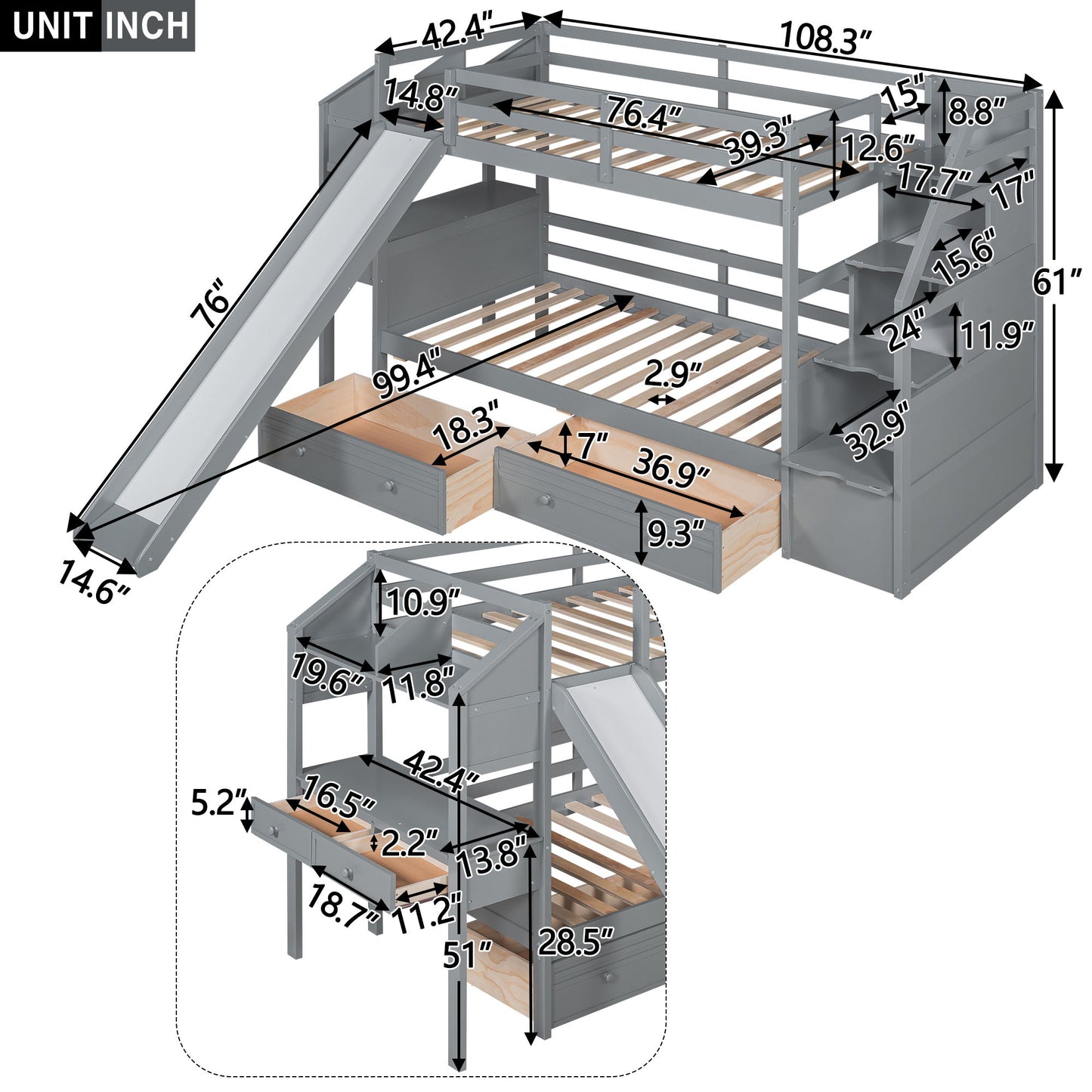 Bunk Bed With Storage Staircase, Slide, Desk, Drawers, And Shelves - The Sleep Loft - Online Mattress Showroom NYC