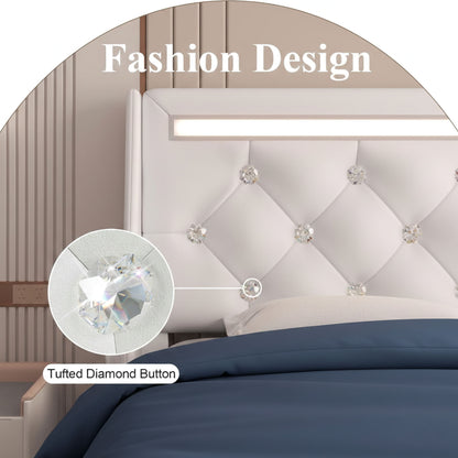 Wingback Upholstered Bed Frame With LED Lights, Charging Station - The Sleep Loft - Online Mattress Showroom NYC