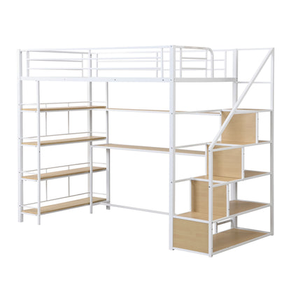 Twin Size Loft Bed With Built In Desk, Staircase Storage & 4 Tier Shelves - White - The Sleep Loft - Online Mattress Showroom NYC