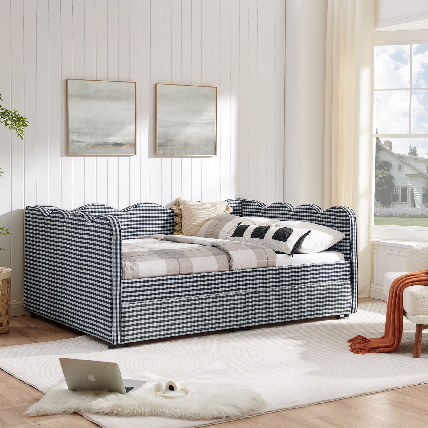 Gingham Daybed With USB Charging Port, Wave-Shaped Design - The Sleep Loft - Online Mattress Showroom NYC