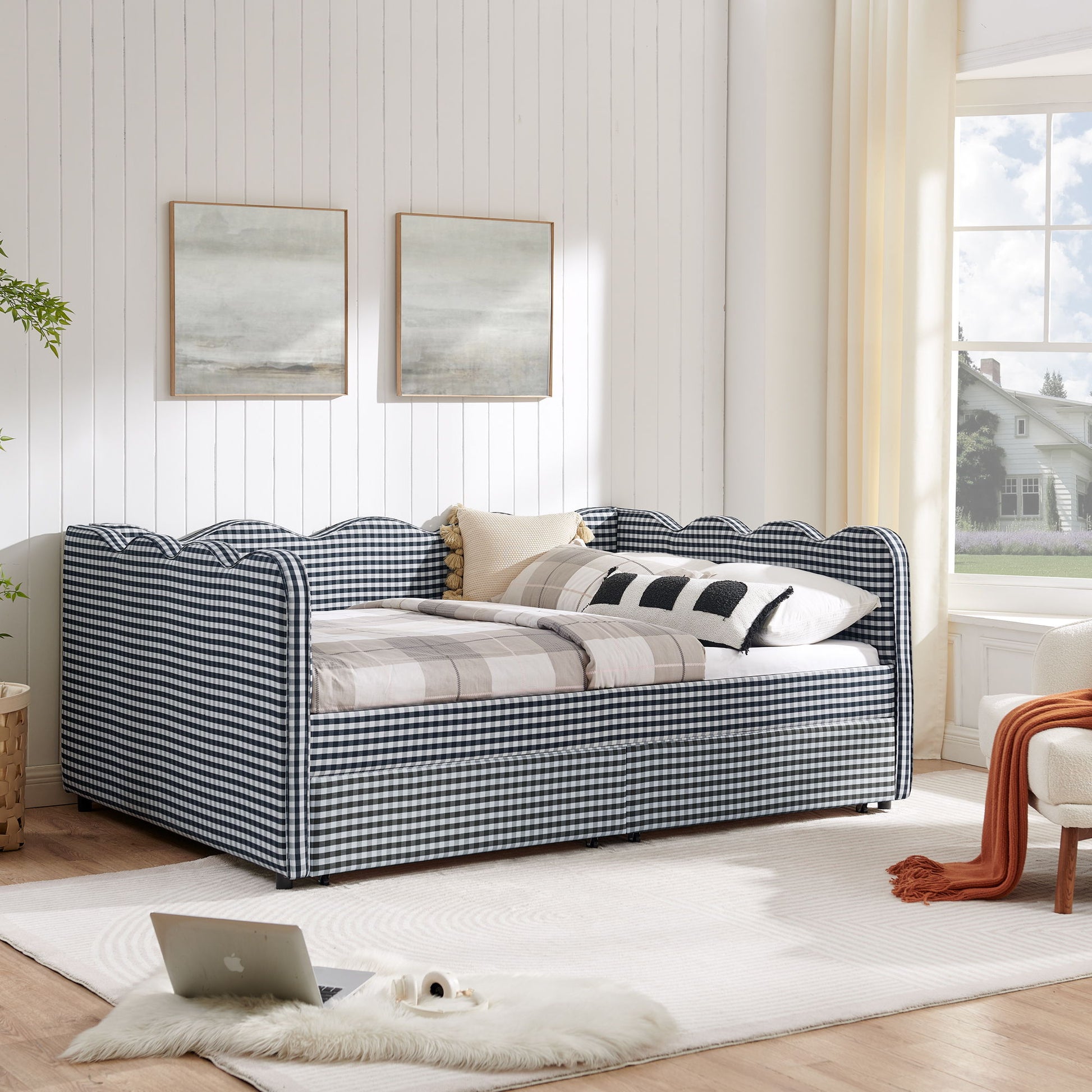 Gingham Daybed With USB Charging Port, Wave-Shaped Design - The Sleep Loft - Online Mattress Showroom NYC