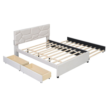 Upholstered Platform Bed With Brick Pattern Headboard And Twin Long Size Trundle - The Sleep Loft - Online Mattress Showroom NYC