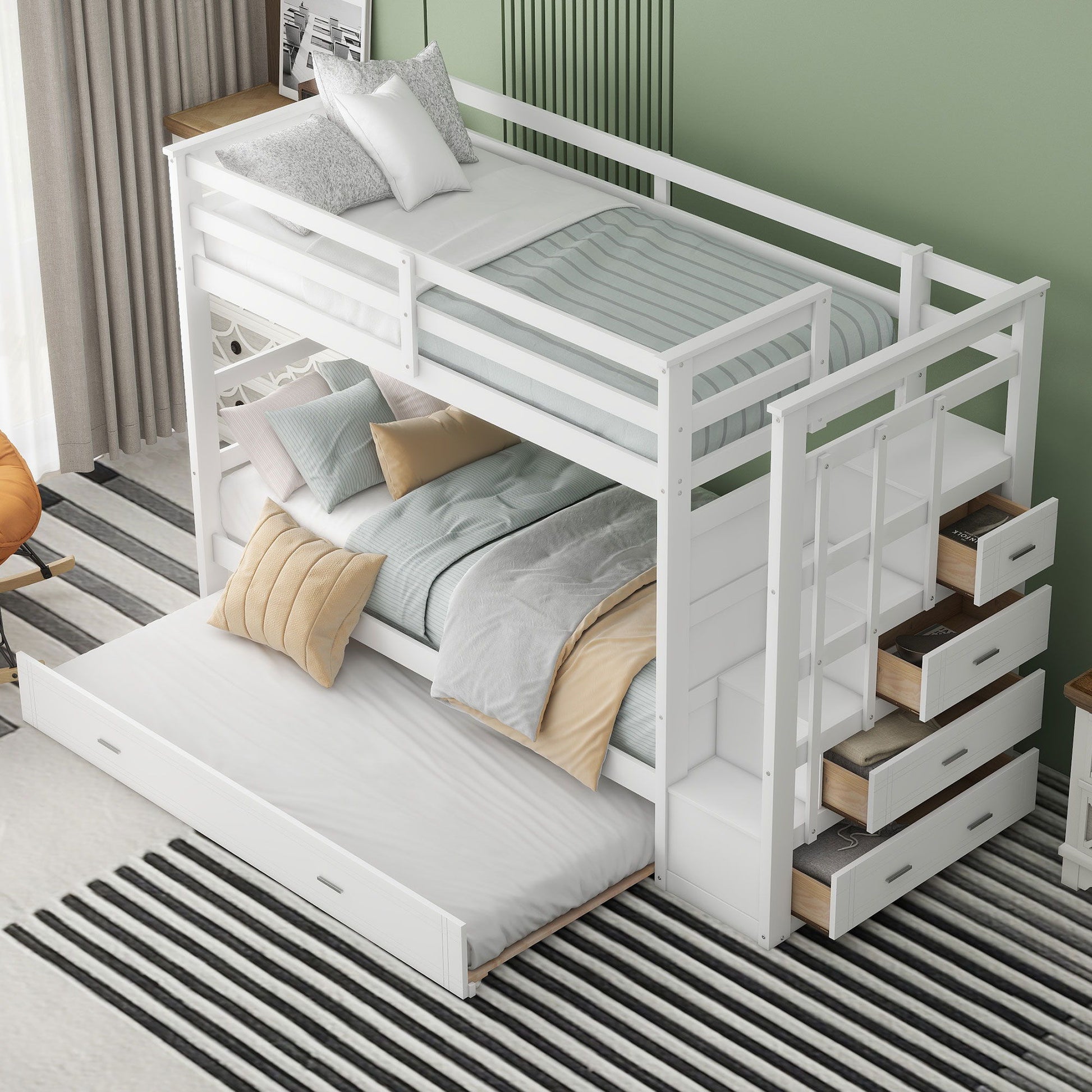 Twin Over Twin Bunk Bed With Trundle And Staircase - White - The Sleep Loft - Online Mattress Showroom NYC