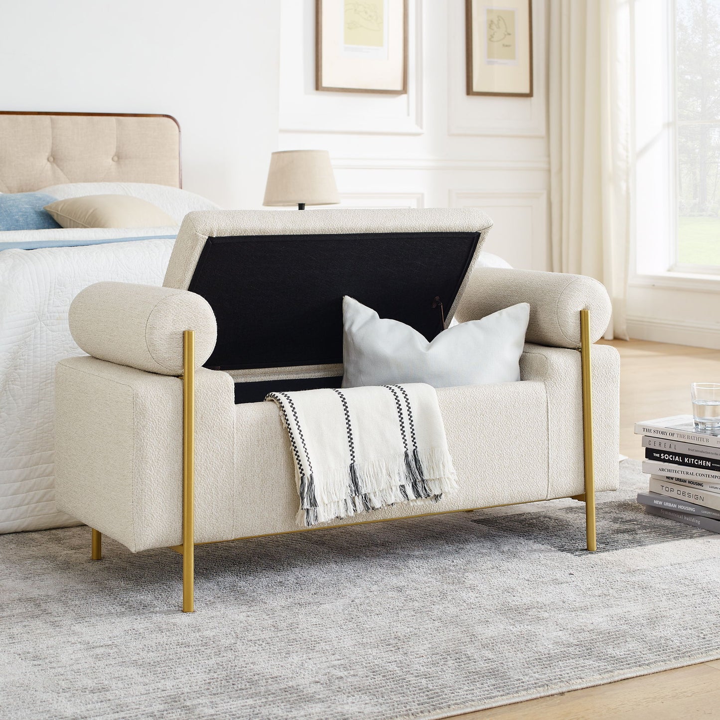 Elegant Upholstered Storage Bench With Cylindrical Arms And Iron Legs, - The Sleep Loft - Online Mattress Showroom NYC