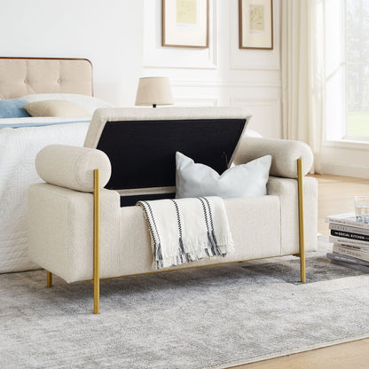Elegant Upholstered Storage Bench With Cylindrical Arms And Iron Legs, - The Sleep Loft - Online Mattress Showroom NYC