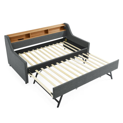 Upholstered Sofa Bed With LED Lights, Storage Headboard, Foldable Trundle & Wireless Charging - The Sleep Loft - Online Mattress Showroom NYC