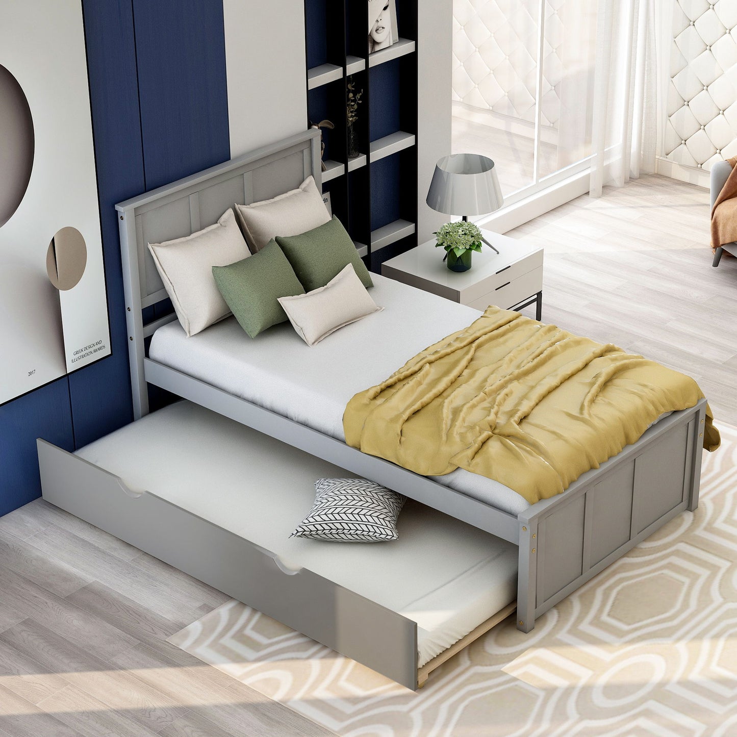 Platform Bed With Twin Trundle And Frame, Twin Size - Gray - The Sleep Loft - Online Mattress Showroom NYC