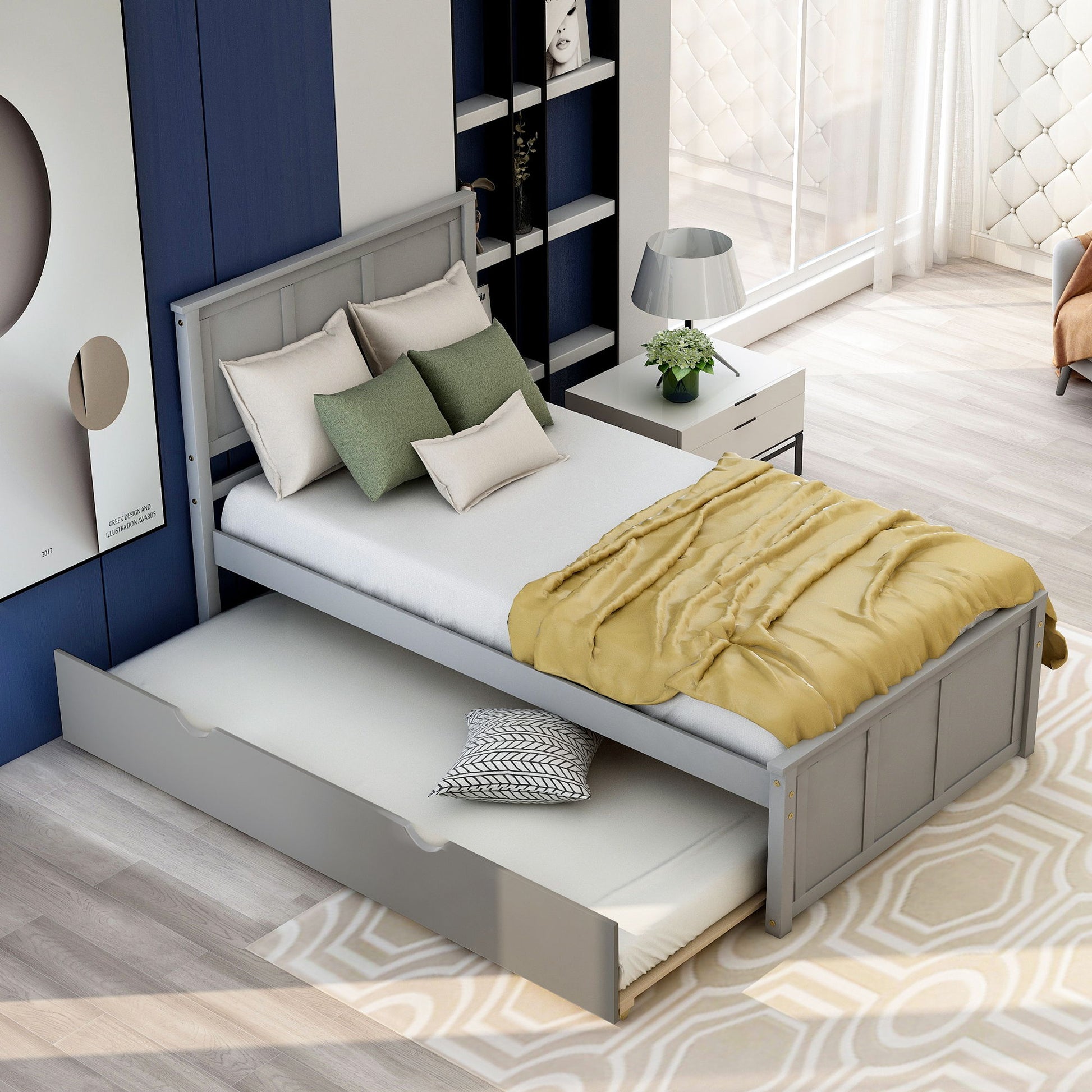 Platform Bed With Twin Trundle And Frame, Twin Size - Gray - The Sleep Loft - Online Mattress Showroom NYC