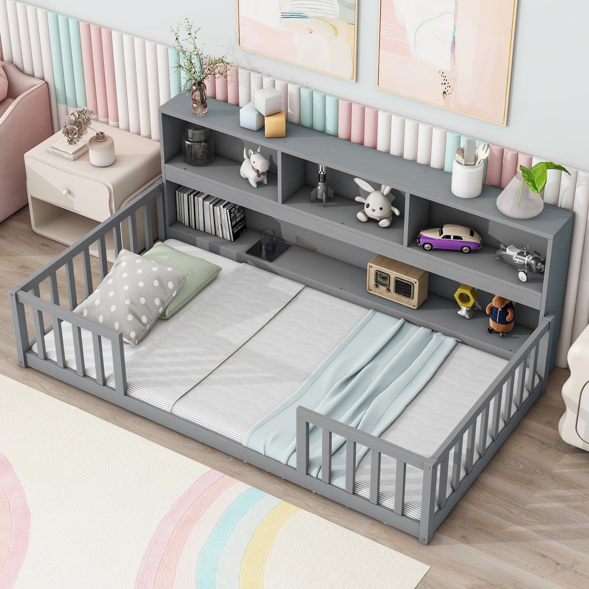 Floor Bed With Bedside Bookcase, Shelves, Guardrails - The Sleep Loft - Online Mattress Showroom NYC