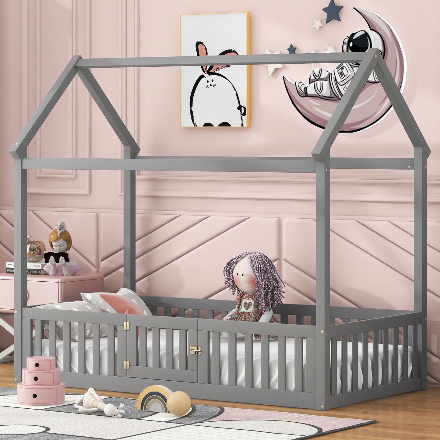 Wood House Bed With Fence And Door - The Sleep Loft - Online Mattress Showroom NYC