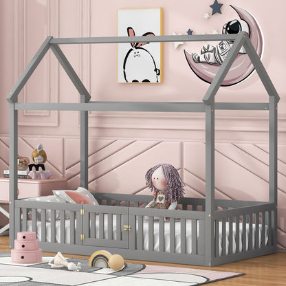 Wood House Bed With Fence And Door - The Sleep Loft - Online Mattress Showroom NYC