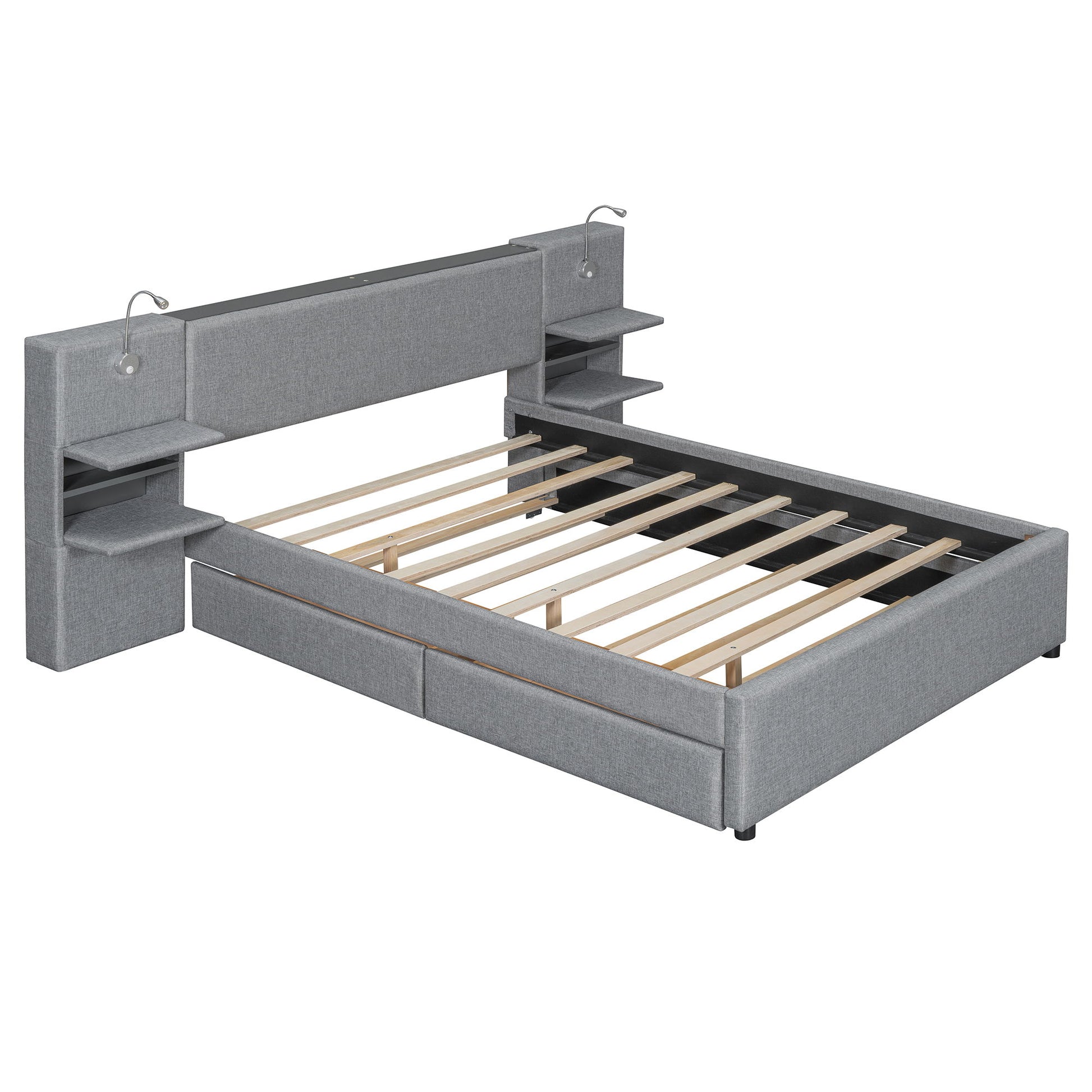 Upholstered Platform Bed With Reading Lights, Drawers, Trundle And Shelves - The Sleep Loft - Online Mattress Showroom NYC