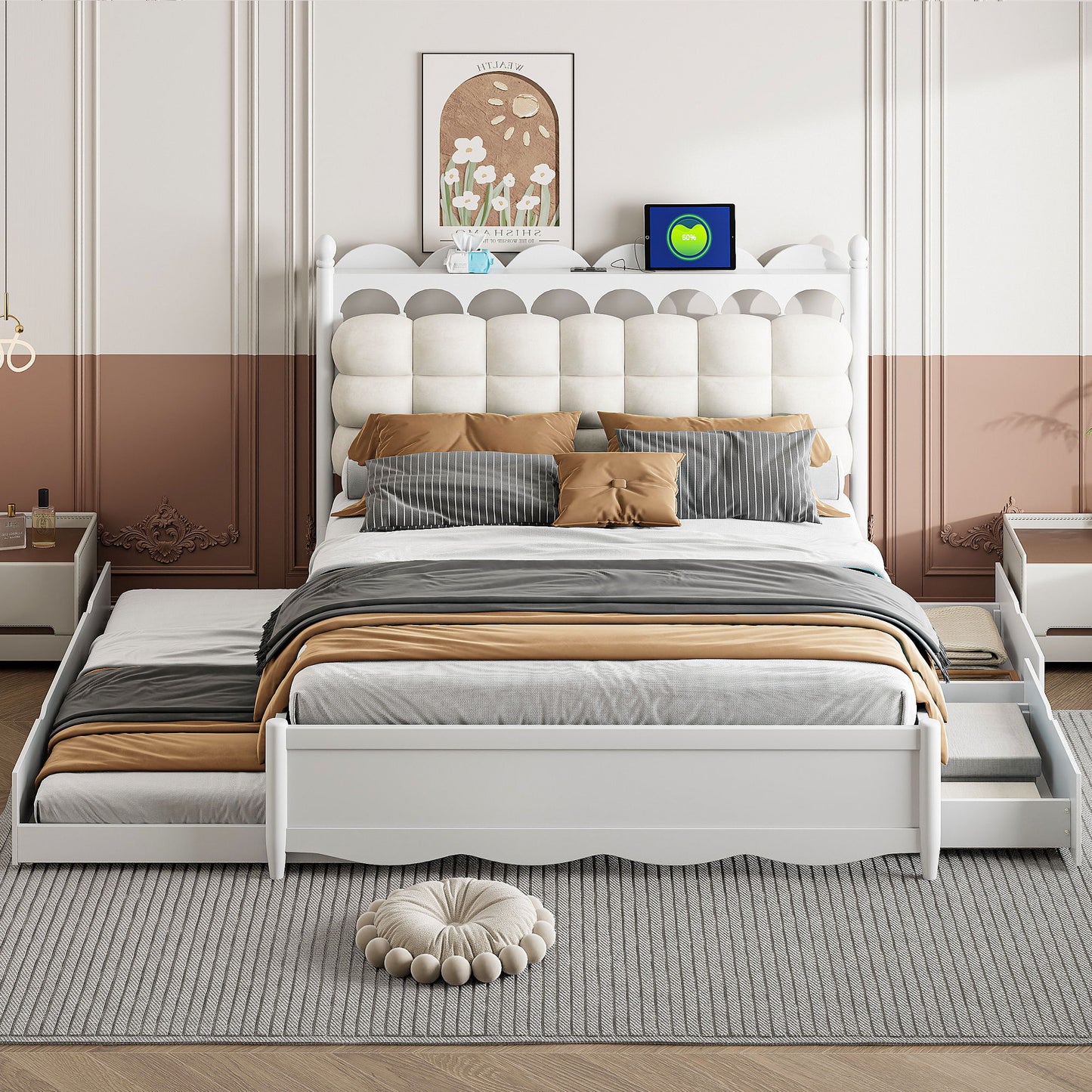 Storage Platform Bed, With 2 Big Drawers, Trundle, One Set Of Sockets & USB Ports - The Sleep Loft - Online Mattress Showroom NYC