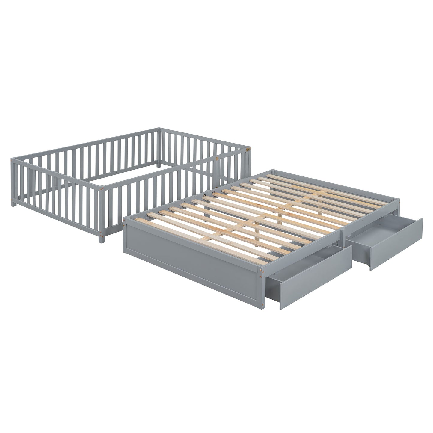 Daybed With Fence Guardrails And 2 Drawers, Split Into Independent Floor Bed & Daybed - The Sleep Loft - Online Mattress Showroom NYC