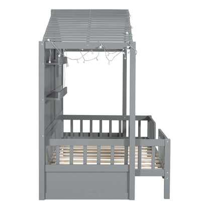 House Bed With Shelves, Window And Sparkling Light Strip On The Roof - The Sleep Loft - Online Mattress Showroom NYC