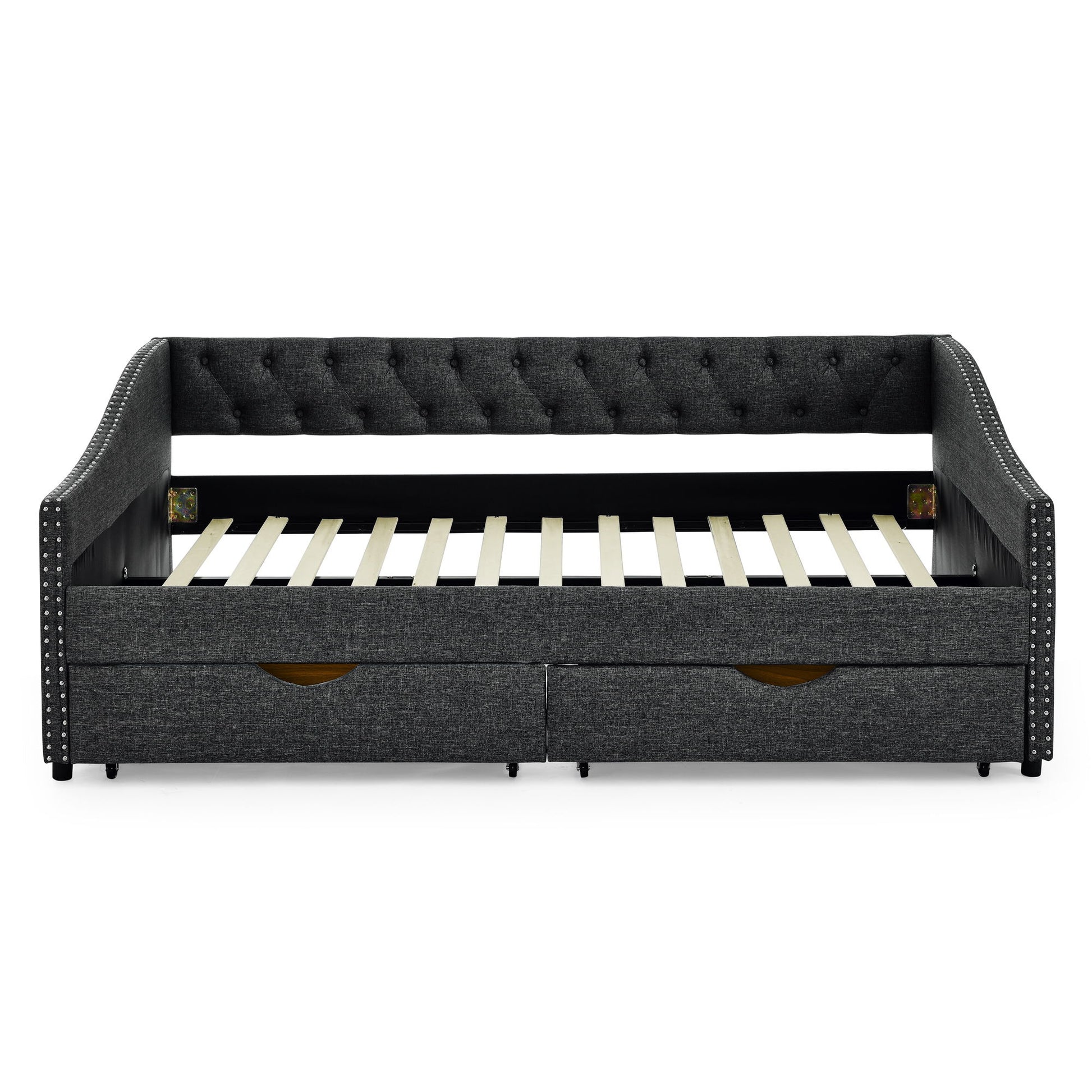 Upholstered Tufted Daybed With 2 Drawers, Waved Arms - The Sleep Loft - Online Mattress Showroom NYC