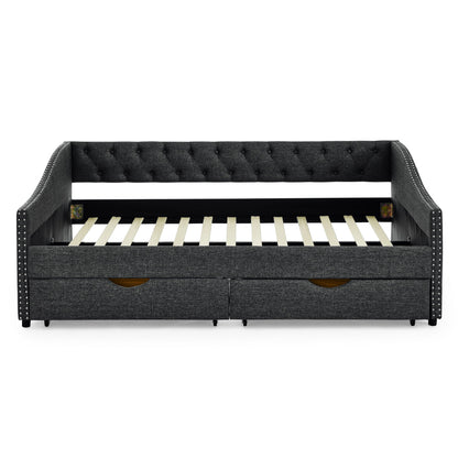 Upholstered Tufted Daybed With 2 Drawers, Waved Arms - The Sleep Loft - Online Mattress Showroom NYC