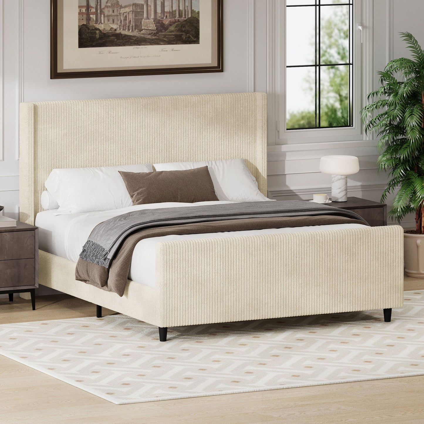 Upholstered Bed Frame With Vertical Stripe Wingback And High Footboard - The Sleep Loft - Online Mattress Showroom NYC