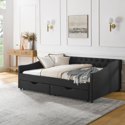 Upholstered Tufted Daybed With 2 Drawers, Waved Arms - The Sleep Loft - Online Mattress Showroom NYC