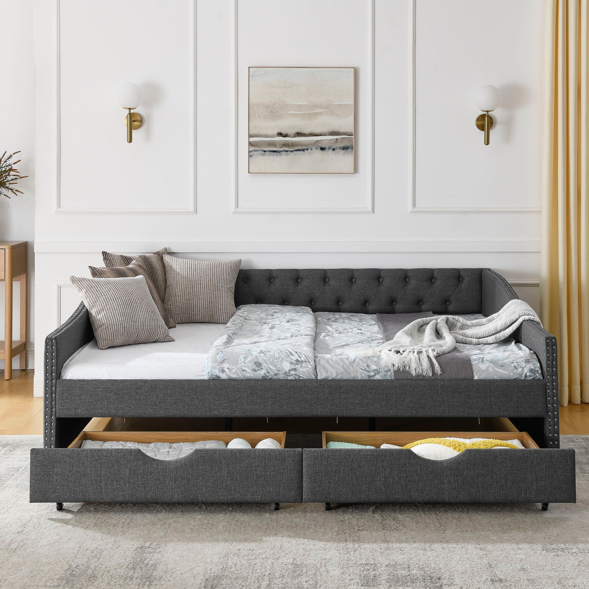 Upholstered Tufted Daybed With 2 Drawers, Waved Arms - The Sleep Loft - Online Mattress Showroom NYC