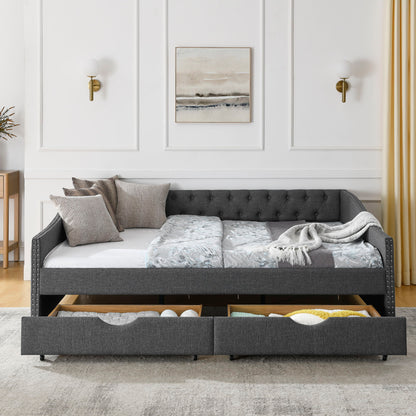 Upholstered Tufted Daybed With 2 Drawers, Waved Arms - The Sleep Loft - Online Mattress Showroom NYC