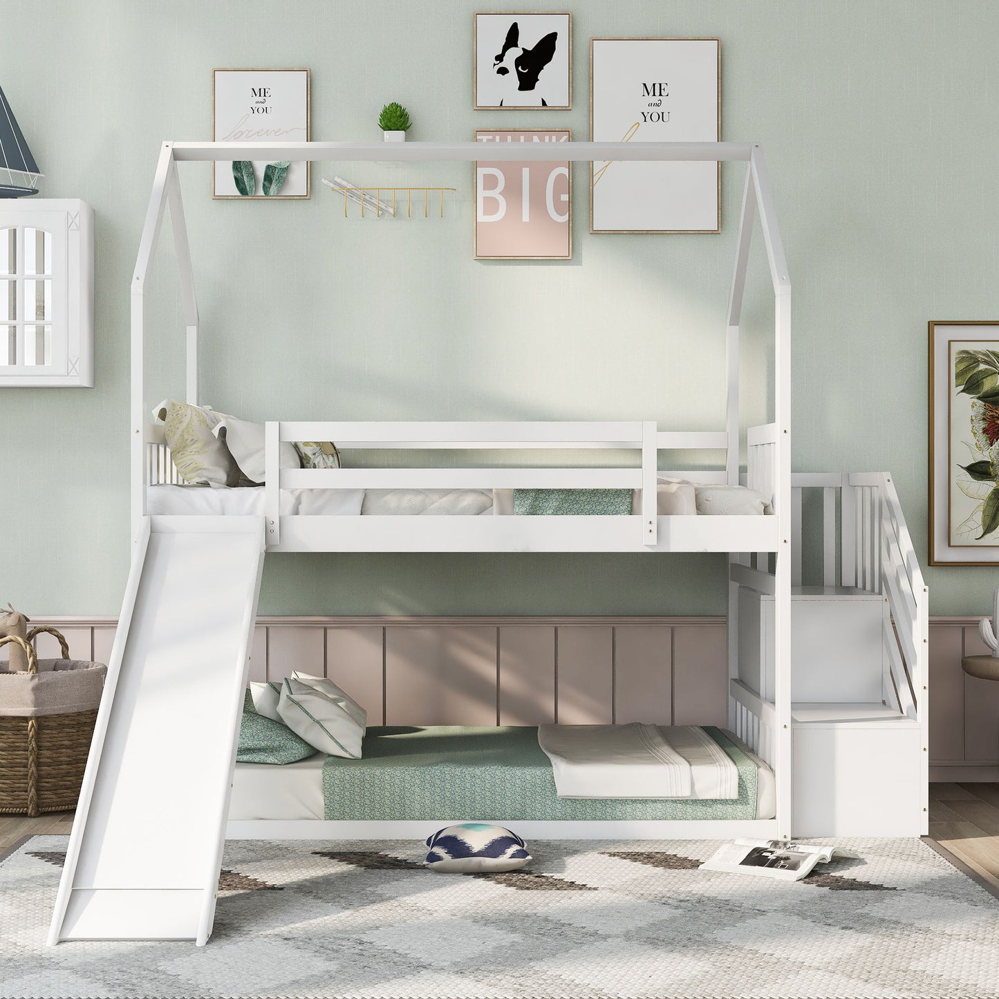 Twin Over Twin House Bunk Bed With Convertible Slide, Storage Staircase - The Sleep Loft - Online Mattress Showroom NYC