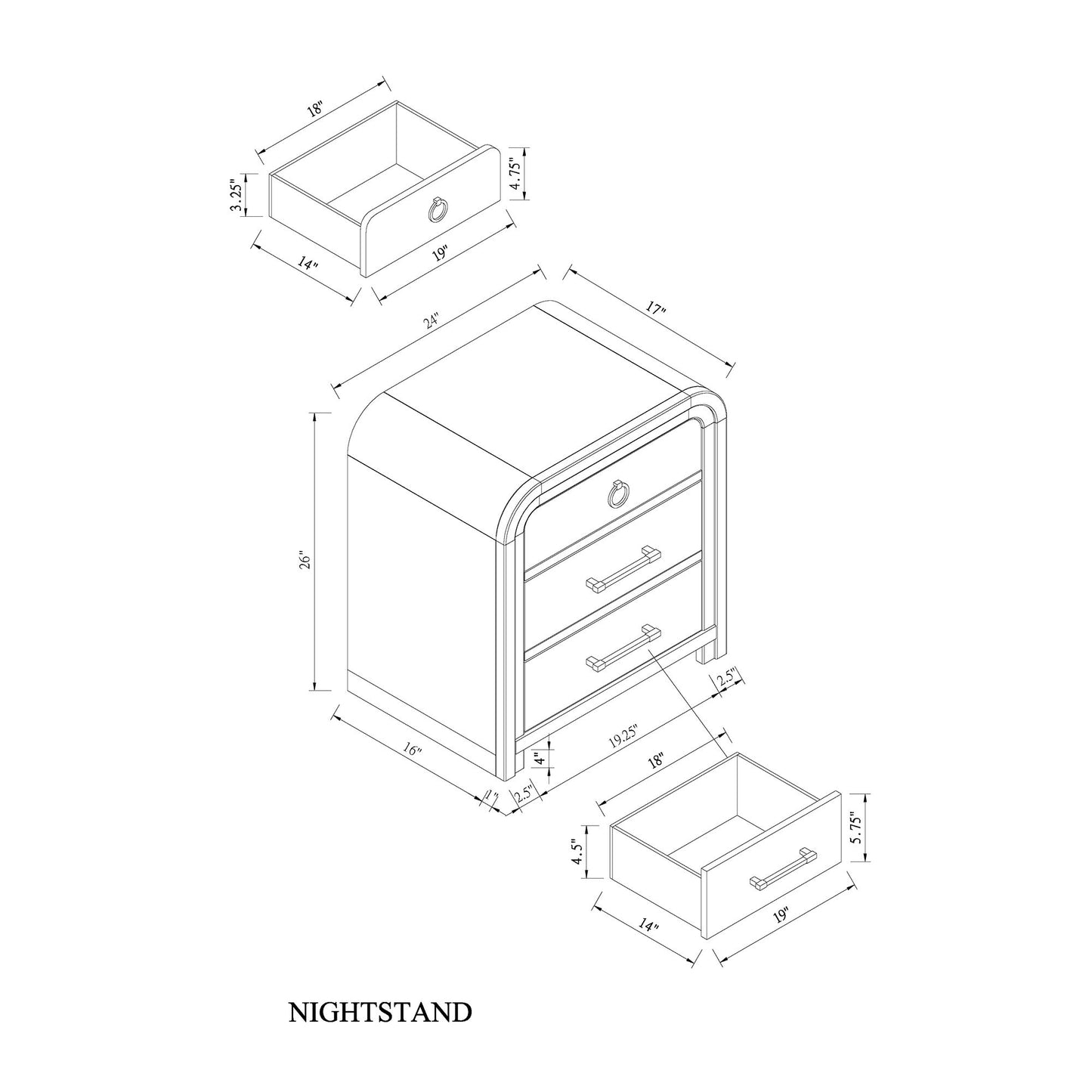 Malco - Nightstand With Spacious Drawer And Gold Metal Fluted Detailing - Black White - The Sleep Loft - Online Mattress Showroom NYC