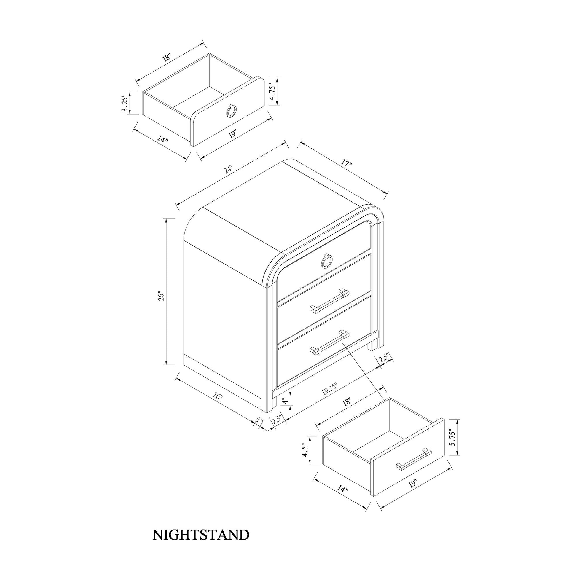 Malco - Nightstand With Spacious Drawer And Gold Metal Fluted Detailing - Black White - The Sleep Loft - Online Mattress Showroom NYC