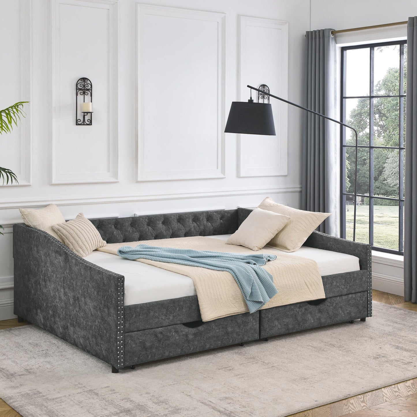 Upholstered Tufted Daybed With 2 Drawers, Waved Arms - The Sleep Loft - Online Mattress Showroom NYC