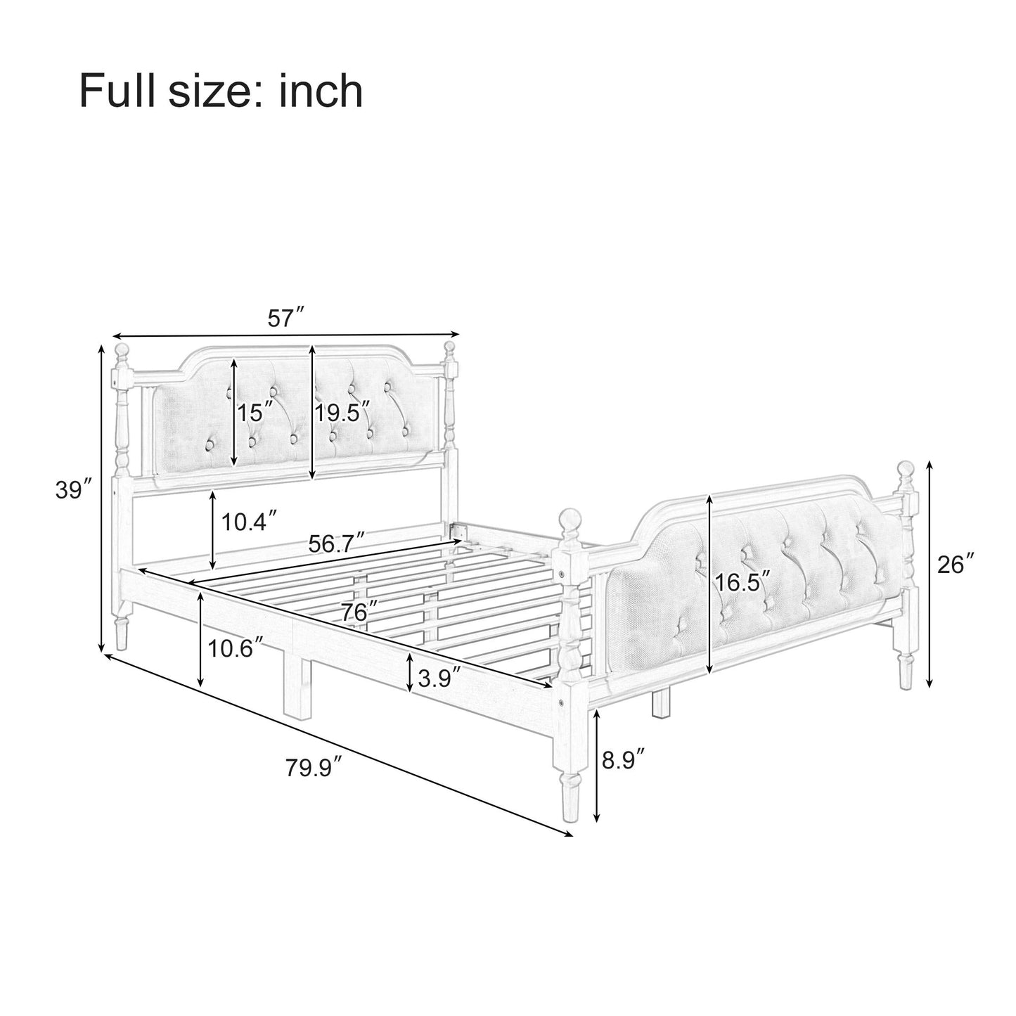Traditional Style Solid Bed Frame With Upholstered Tufted Headboard, No Box Spring Needed - The Sleep Loft - Online Mattress Showroom NYC