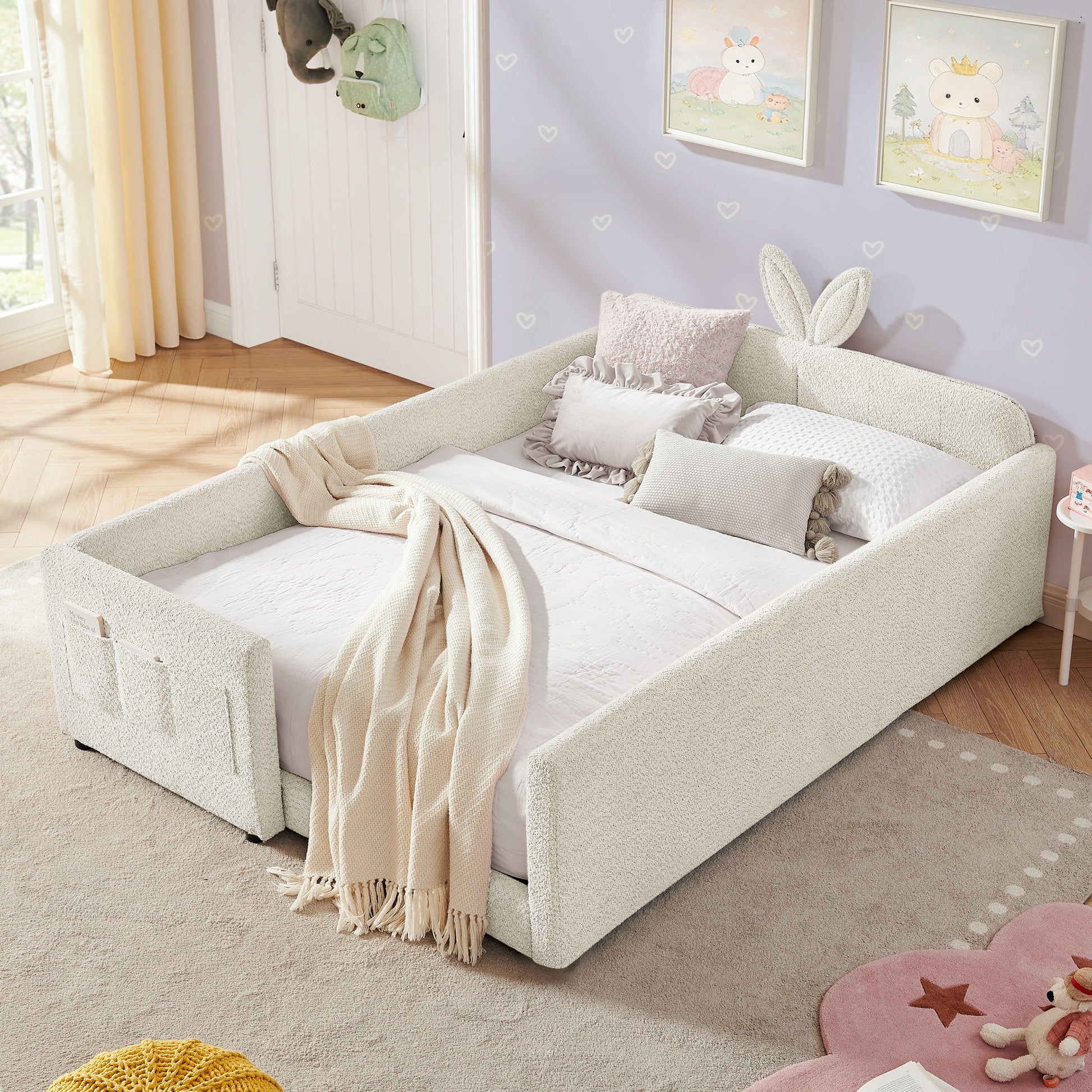 Cute Rabbit Ear Upholstered Platform Bed Frame With Safety Rail - The Sleep Loft - Online Mattress Showroom NYC