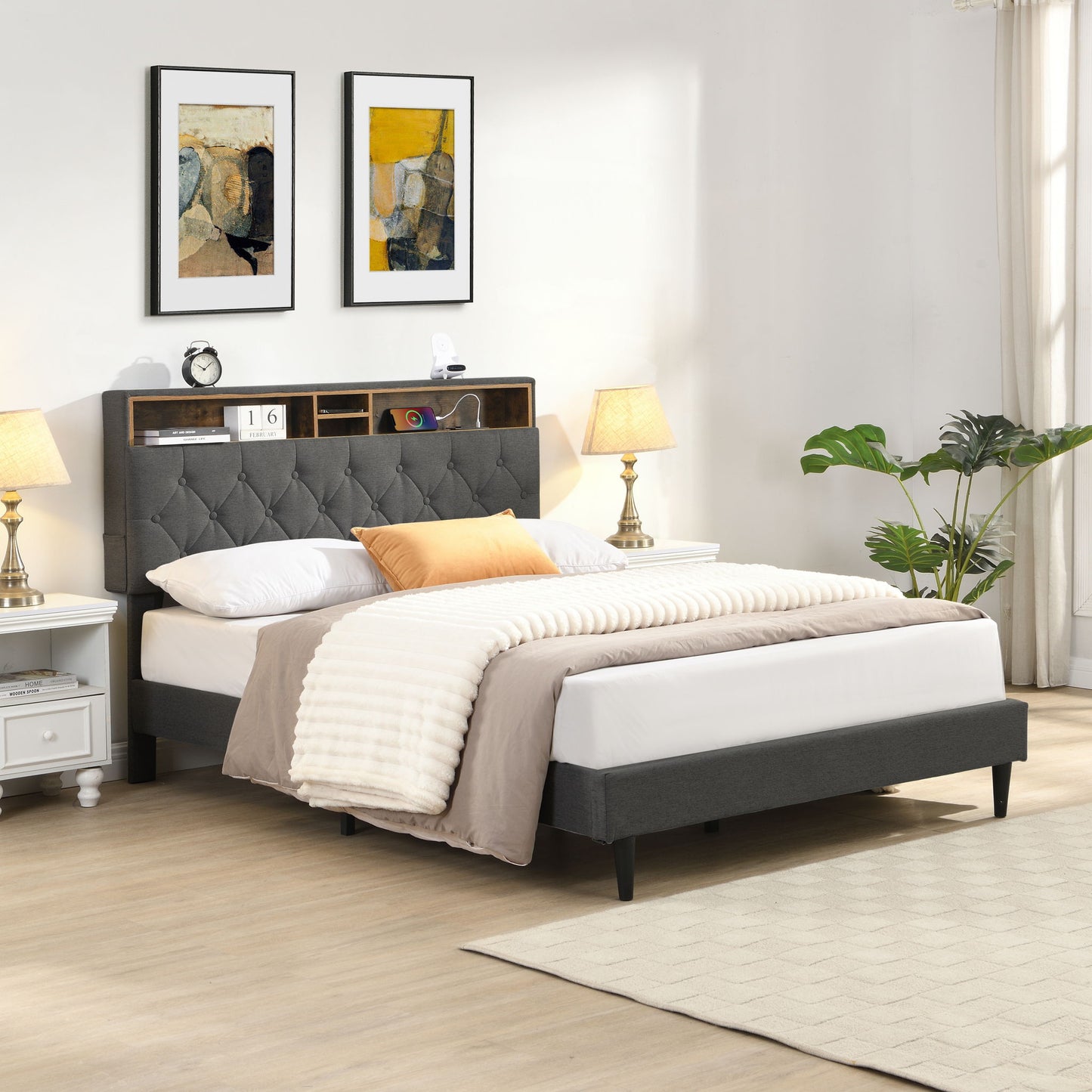 Modern Upholstered Platform Bed Frame With Button Tufted Headboard And USB Ports - The Sleep Loft - Online Mattress Showroom NYC
