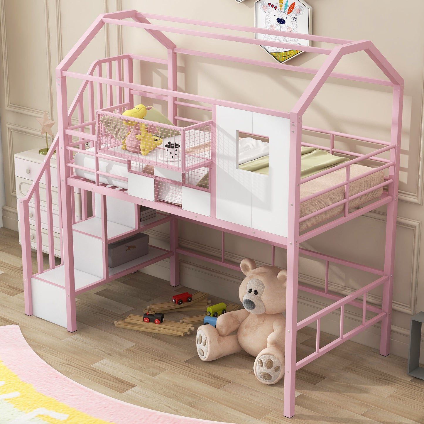 Metal Loft Bed With Roof Design And Storage Box With Guardrails And Integrated Ladder - The Sleep Loft - Online Mattress Showroom NYC