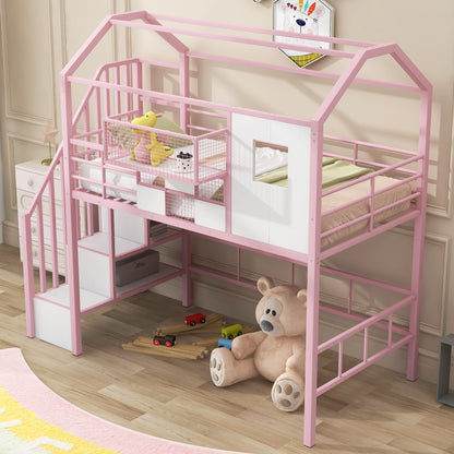 Metal Loft Bed With Roof Design And Storage Box With Guardrails And Integrated Ladder - The Sleep Loft - Online Mattress Showroom NYC
