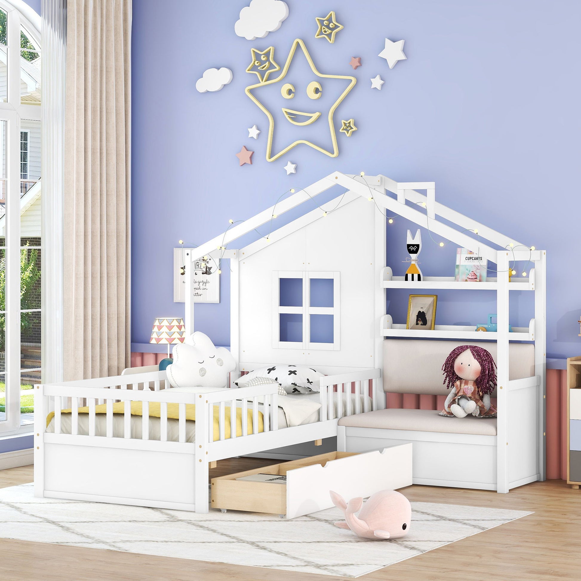 House Bed With Sofa, Kids Platform Bed With 2 Drawers And Storage Shelf - The Sleep Loft - Online Mattress Showroom NYC