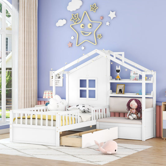 House Bed With Sofa, Kids Platform Bed With 2 Drawers And Storage Shelf - The Sleep Loft - Online Mattress Showroom NYC