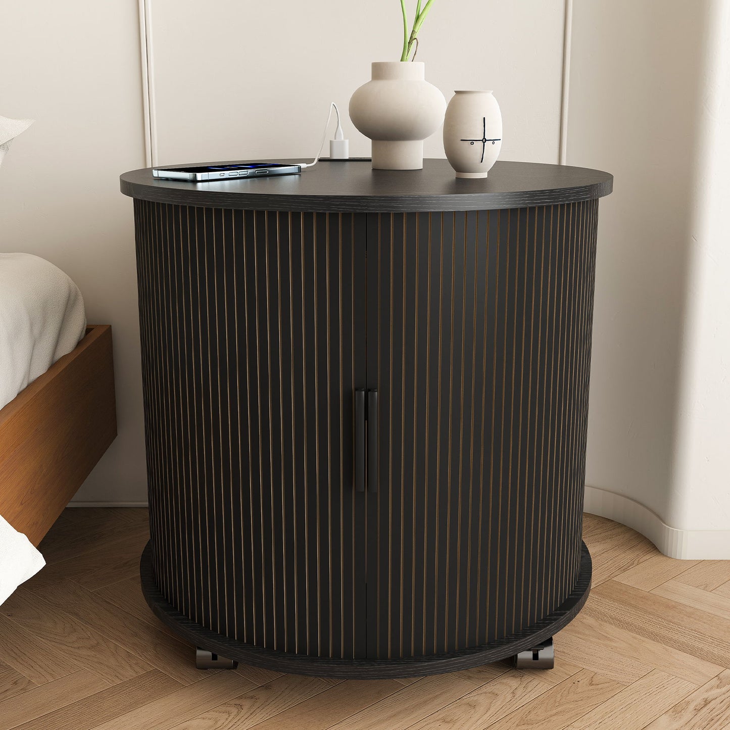 Cylinder Nightstand With Charging Station & Sliding Door