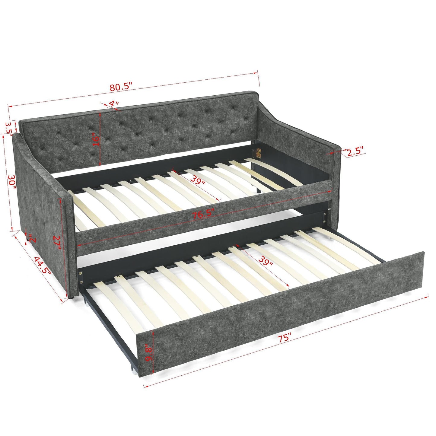 Twin Upholstered Daybed With Trundle, Waved Arms - Gray - The Sleep Loft - Online Mattress Showroom NYC