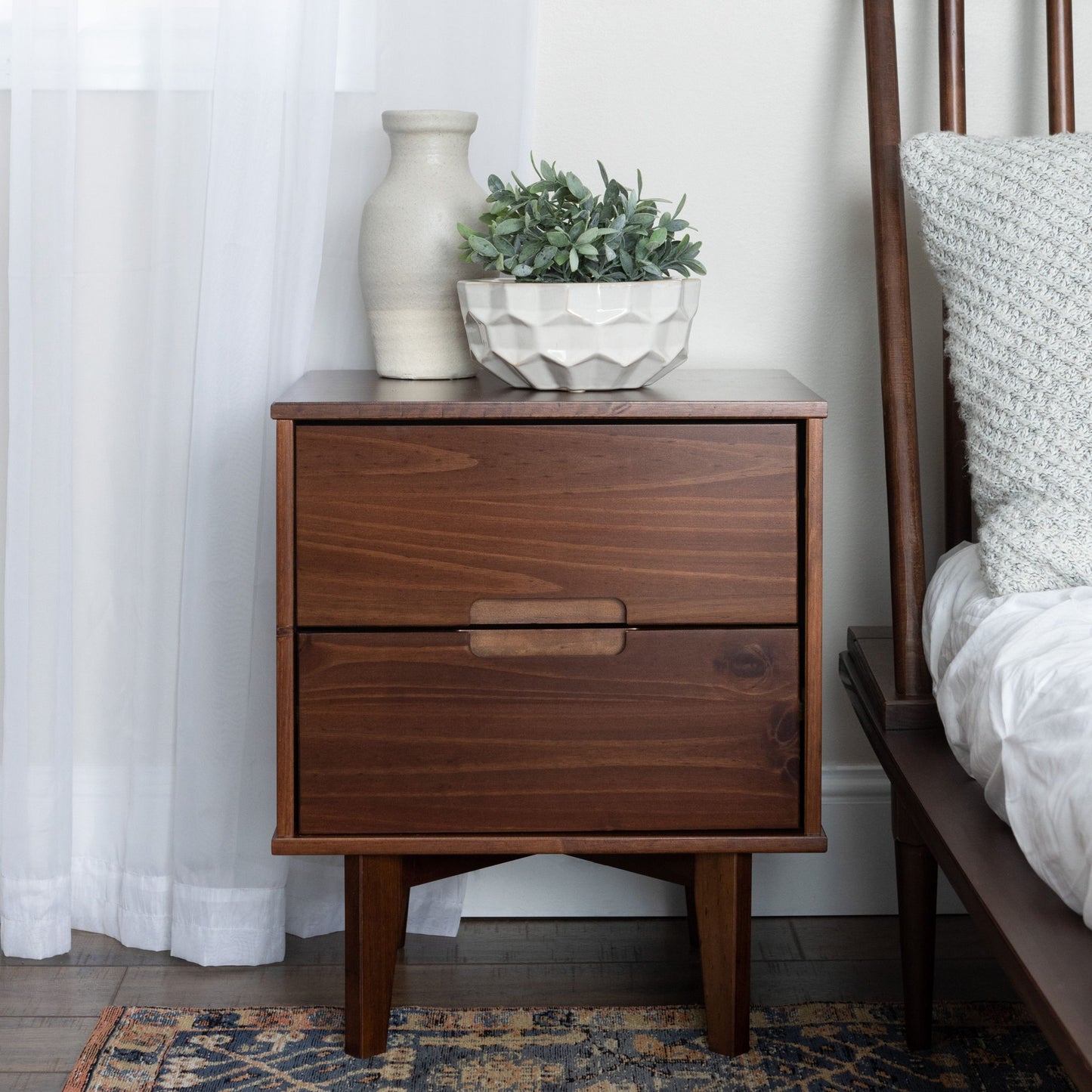 Mid-Century Modern 2 Drawer Solid Wood Nighstand With Cutout Handles - The Sleep Loft - Online Mattress Showroom NYC