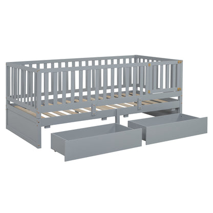 Daybed With Fence Guardrails And 2 Drawers, Split Into Independent Floor Bed & Daybed - The Sleep Loft - Online Mattress Showroom NYC