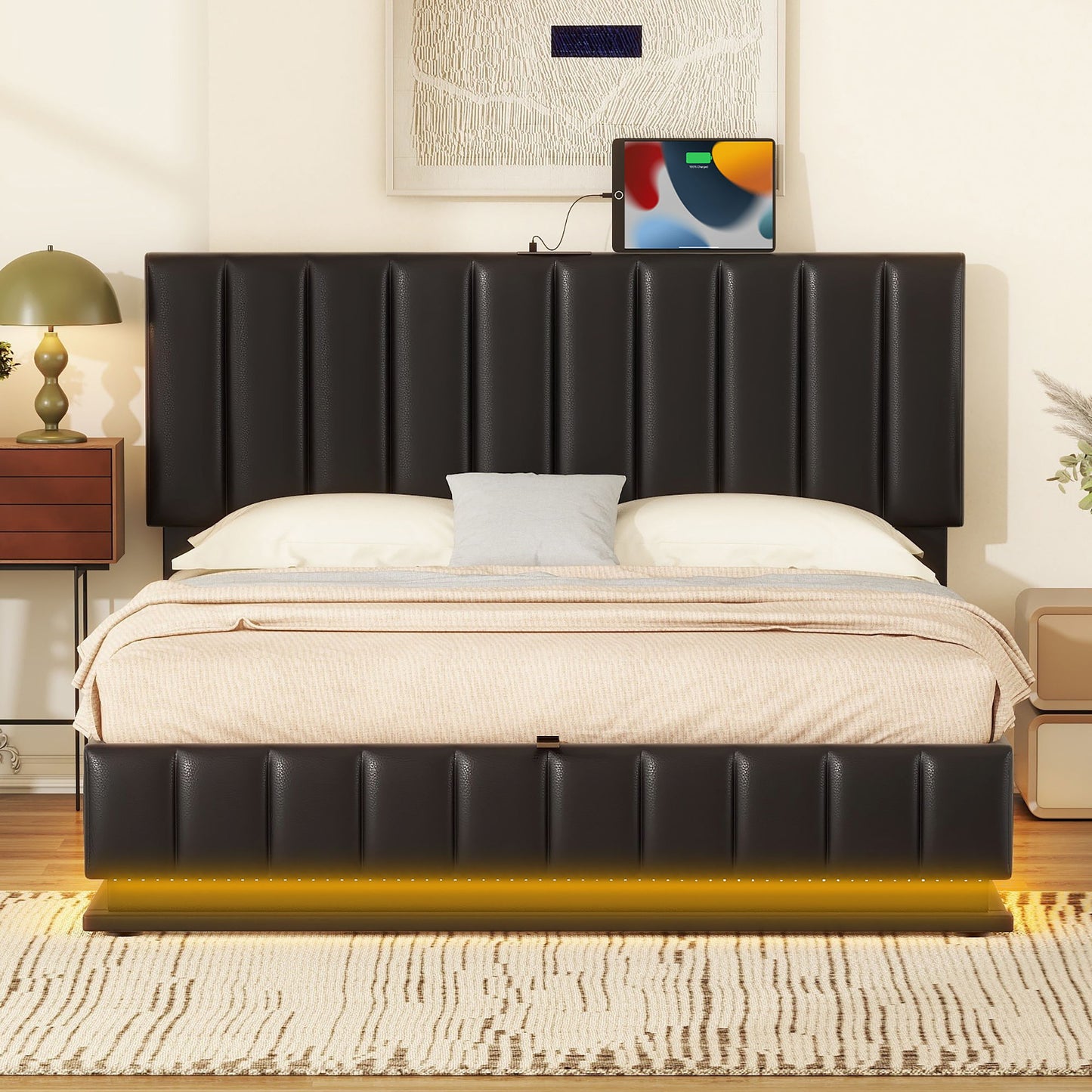 Upholstered Bed With Hydraulic Storage System And LED Light, With Sockets And USB Ports - The Sleep Loft - Online Mattress Showroom NYC